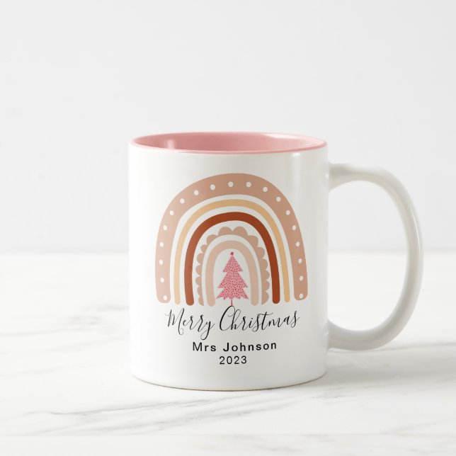 Merry Christmas Best Teacher Ever Rainbow Festive  Two-Tone Coffee Mug (Right)