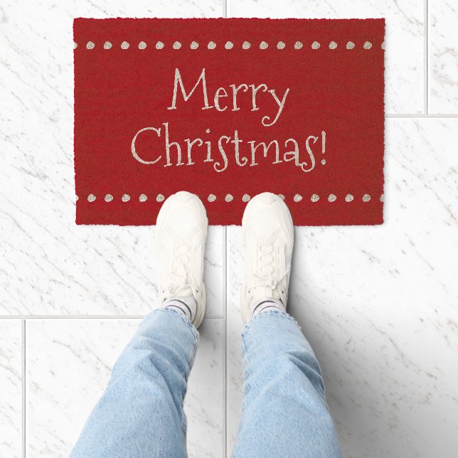 Merry Christmas Between White Dotted Snowball Trim Fiber Doormat (Insitu)