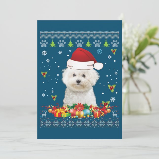 Merry Christmas Bichons Frise Dog Ugly Sweater  Holiday Card (Standing Front)