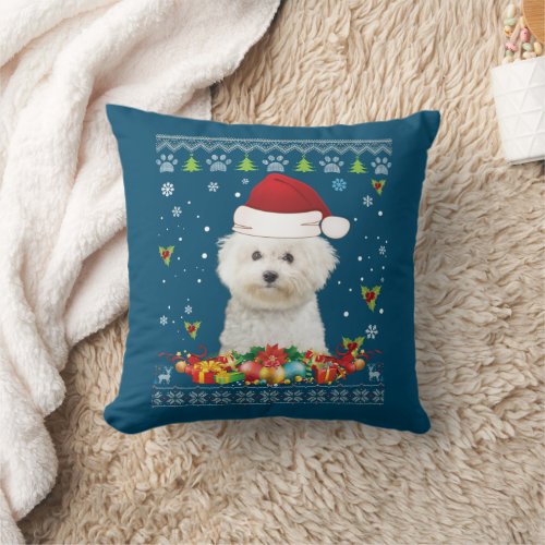 Merry Christmas Bichons Frise Dog Ugly Sweater Throw Pillow