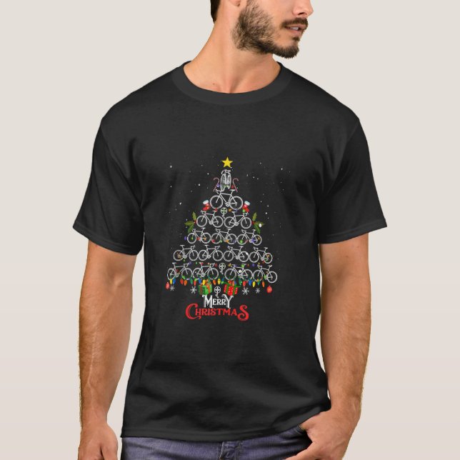 Merry Christmas Bicycle Tree Christmas Lights Cycl T-Shirt (Front)