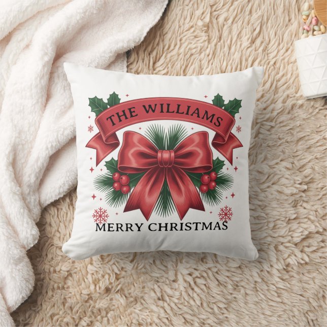Merry Christmas Big Red Bow Custom Family Name Throw Pillow (Blanket)