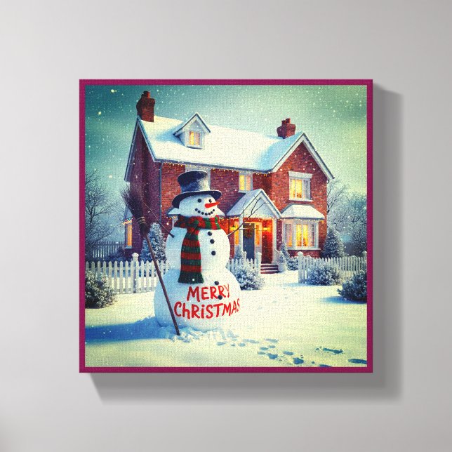 MERRY CHRISTMAS BIG SNOWMAN WINTER SCENE CANVAS PRINT (Front)