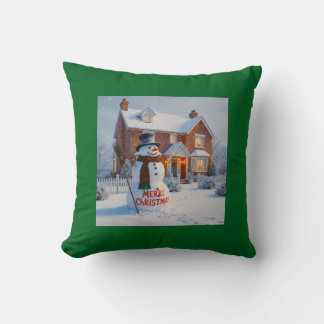 MERRY CHRISTMAS BIG SNOWMAN WINTER SCENE THROW PILLOW