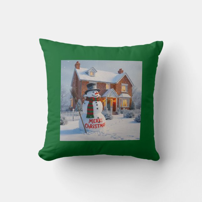 MERRY CHRISTMAS BIG SNOWMAN WINTER SCENE THROW PILLOW (Front)