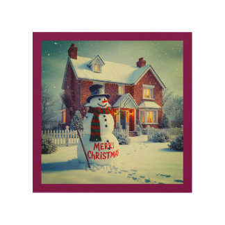 MERRY CHRISTMAS BIG SNOWMAN WINTER SCENE WOOD WALL ART