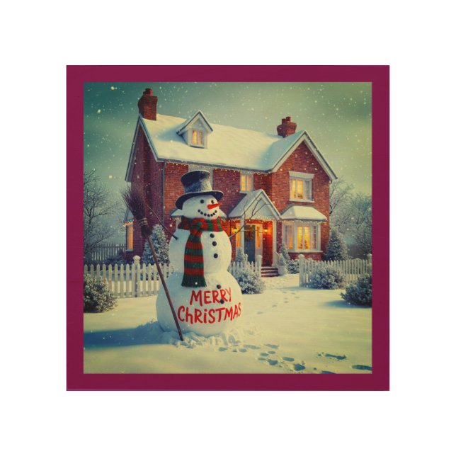 MERRY CHRISTMAS BIG SNOWMAN WINTER SCENE WOOD WALL ART (Front)