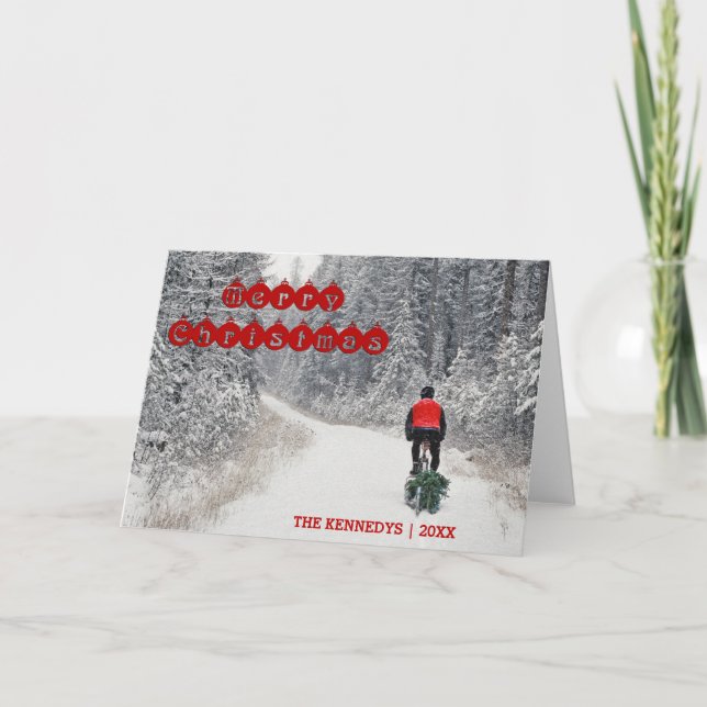 Merry Christmas - Biker Bringing Home the Tree Holiday Card (Front)