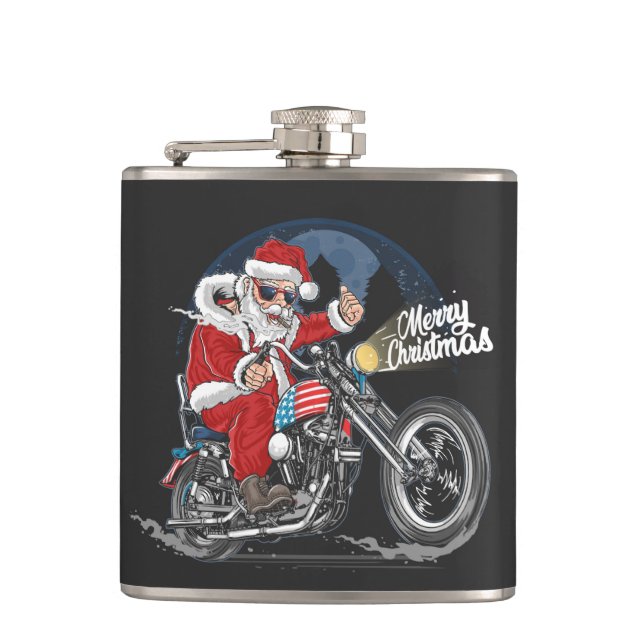 Merry Christmas Biker Santa  Flask (Front)