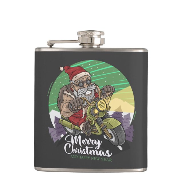 Merry Christmas Biker Santa  Flask (Front)