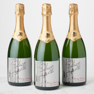 Merry Christmas Birch Trees and Red Cardinal Birds Sparkling Wine Label