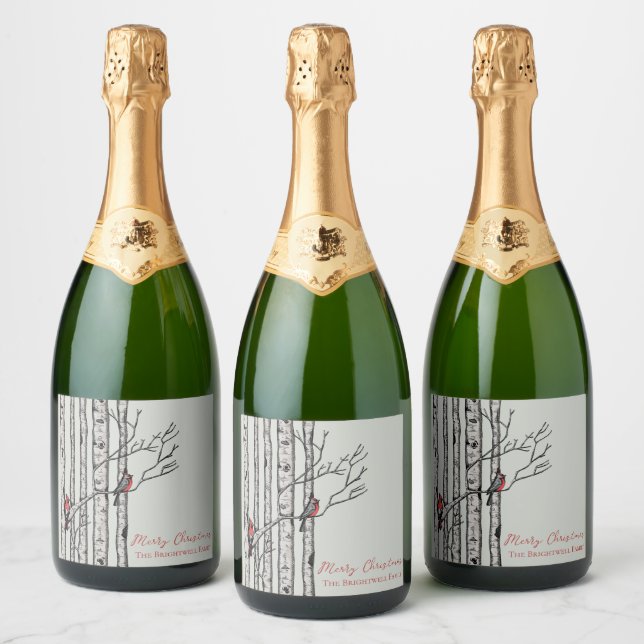 Merry Christmas Birch Trees and Red Cardinal Birds Sparkling Wine Label (Bottles)