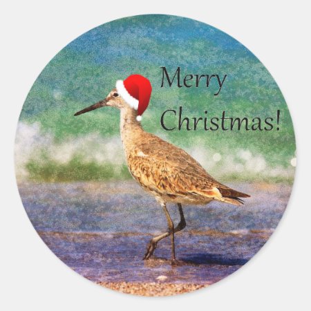 Merry Christmas Bird In Santa Hat On Beach Sticker