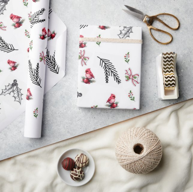 Merry Christmas Bird Leaves Bow Wrapping Paper (Crafts)