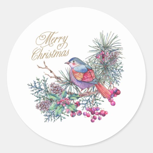 Merry Christmas Bird on Pine Branch Holiday  Classic Round Sticker