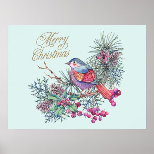 Merry Christmas Bird on Pine Branch Holiday  Poster