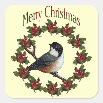 Merry Christmas: Bird  Wreath  Original Art Square Sticker by joyart at Zazzle