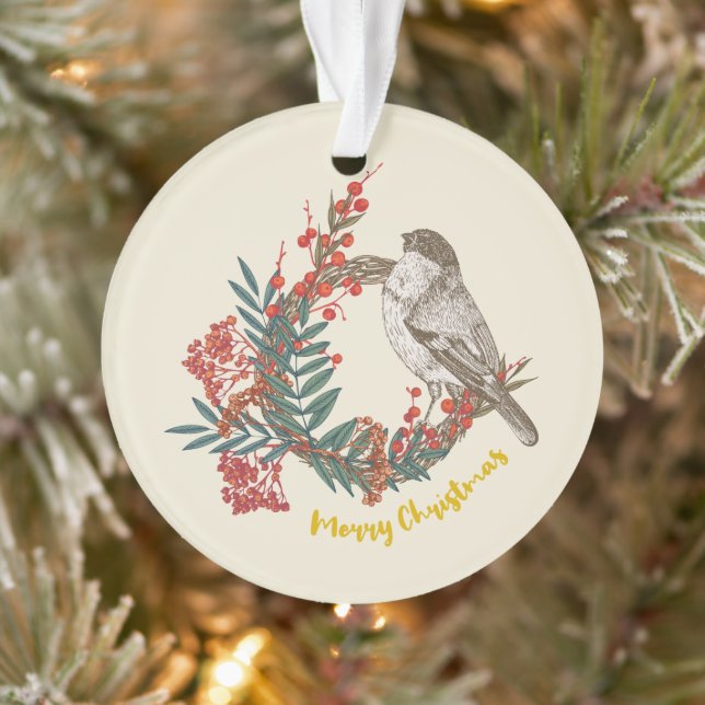 Merry Christmas Bird Wreath Ornament (Tree)