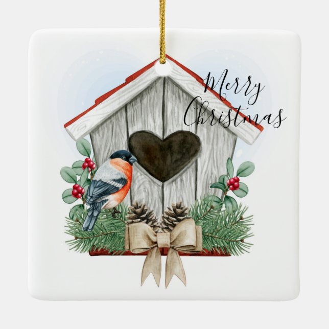 Merry Christmas Birdhouse Ceramic Ornament (Back)