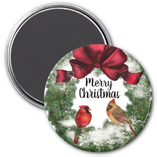 Merry Christmas Birds in Wreath Vintage Magnet