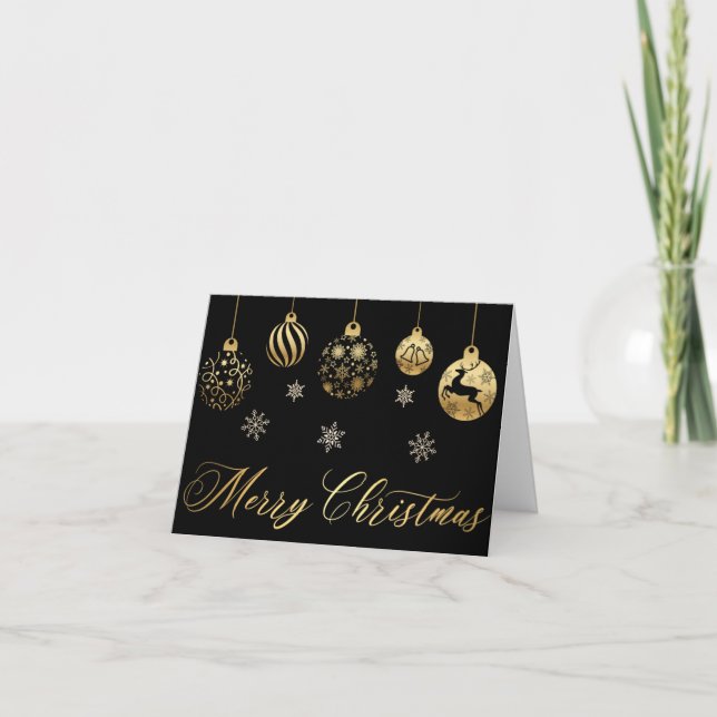 merry christmas blac gold ornaments photo stylish  holiday card (Front)