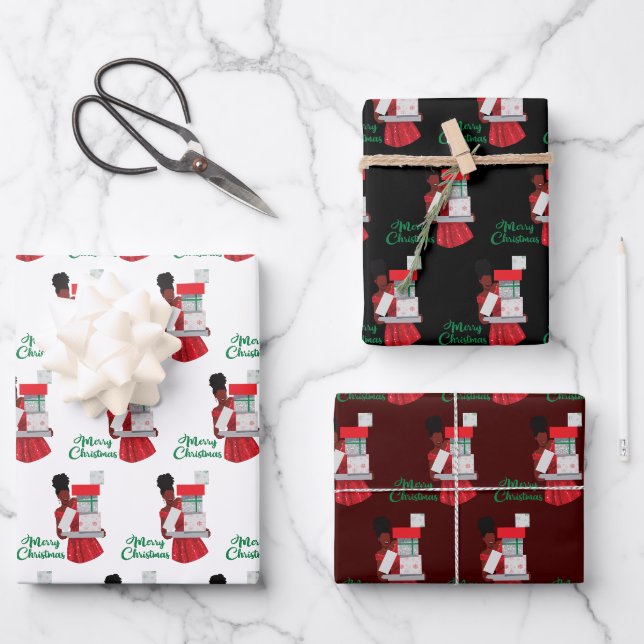 Merry Christmas Black African American Woman Gifts Wrapping Paper Sheets (Front)