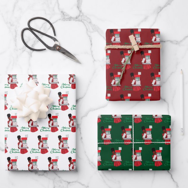 Merry Christmas Black African American Woman Gifts Wrapping Paper Sheets (Front)