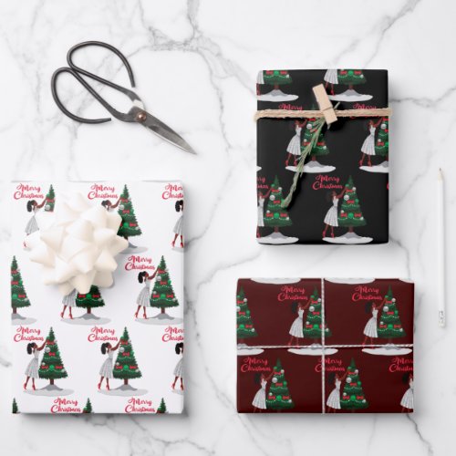 Merry Christmas Black African American Woman Wrapp Wrapping Paper Sheets