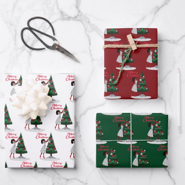 Merry Christmas Black African American Woman Wrapping Paper Sheets (Front)