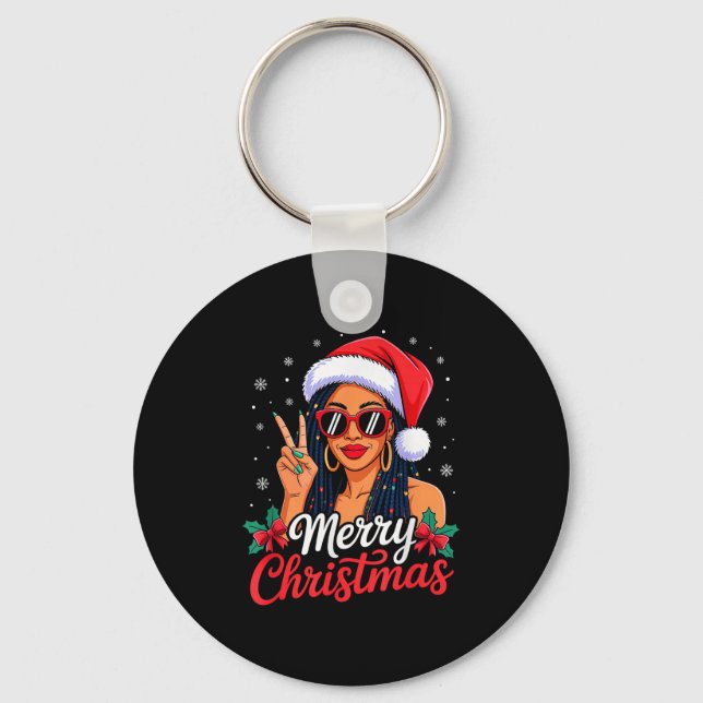 Merry Christmas Black African Girl American Melani Keychain (Front)