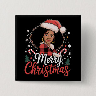 Merry Christmas Black African Girl Santa Hat Xmas  Button