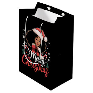 Merry Christmas Black African Girl Santa Hat Xmas Medium Gift Bag