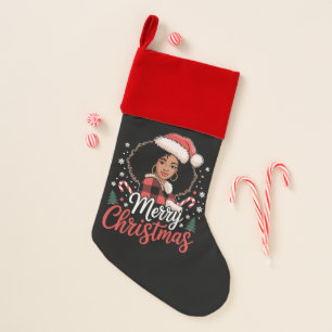 Merry Christmas Black African Girl Santa Hat Xmas  Stocking