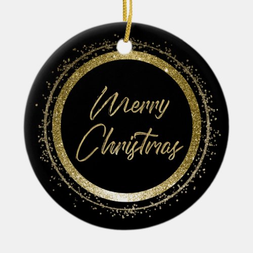 Merry Christmas Black and Gold Ceramic Ornament