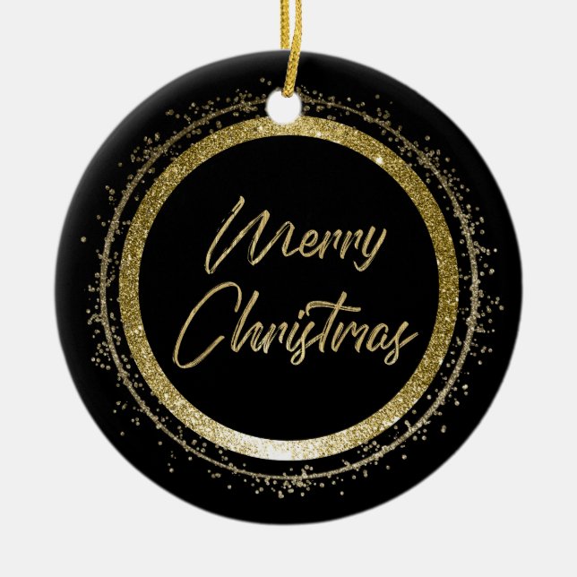 Merry Christmas Black and Gold Ceramic Ornament (Front)