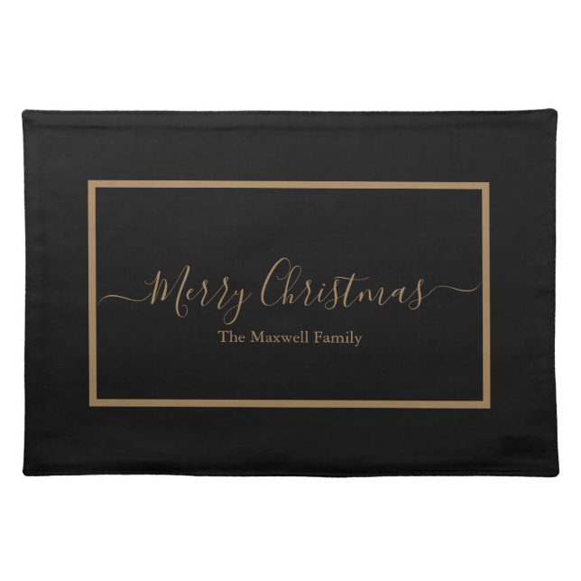Merry Christmas black and gold family name Cloth Placemat (Front)