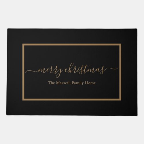Merry Christmas black and gold family name Doormat