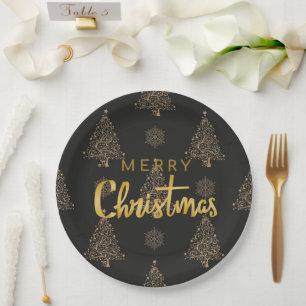 Merry Christmas, black and gold, Paper Plates