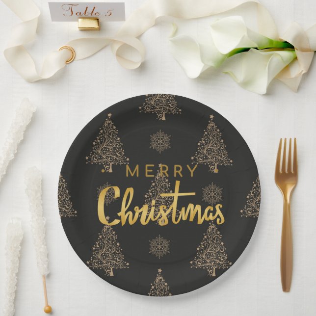 Merry Christmas, black and gold, Paper Plates (Wedding)