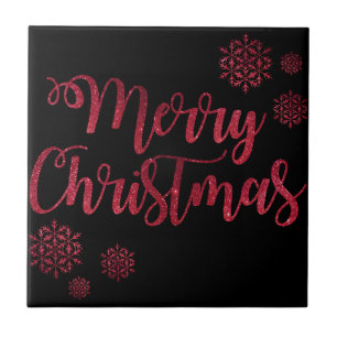Merry Christmas Black and Red Snowflake Typography Ceramic Tile