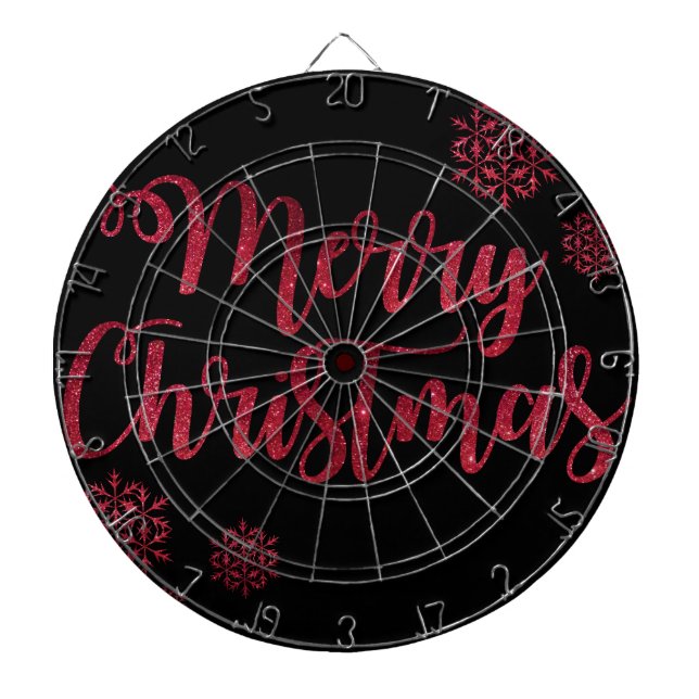 Merry Christmas Black and Red Snowflake Typography Dart Board (Front)