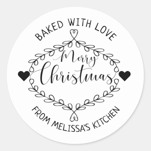Merry Christmas Black And White Baked With Love Classic Round Sticker