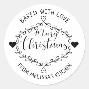 Merry Christmas Black And White Baked With Love Classic Round Sticker