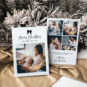 Merry Christmas Black and White Bow with Photo Holiday Card