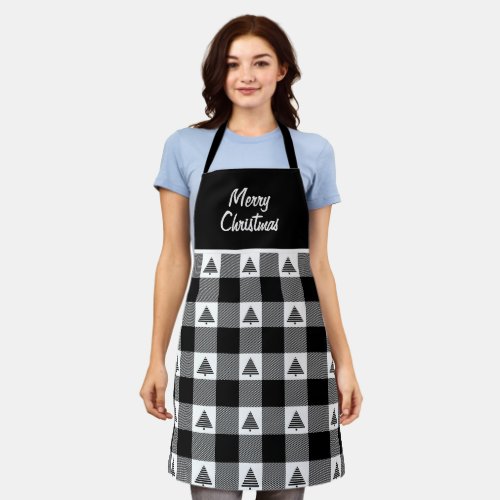 Merry Christmas Black and White Buffalo Plaid  Apron