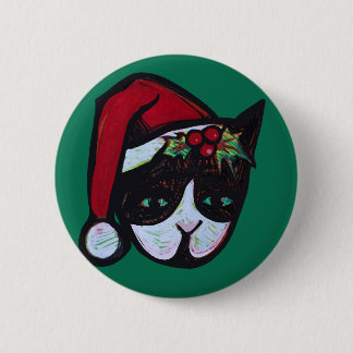 Merry Christmas Black and White Cat Button