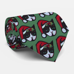 Merry Christmas Black and White Cat                Neck Tie