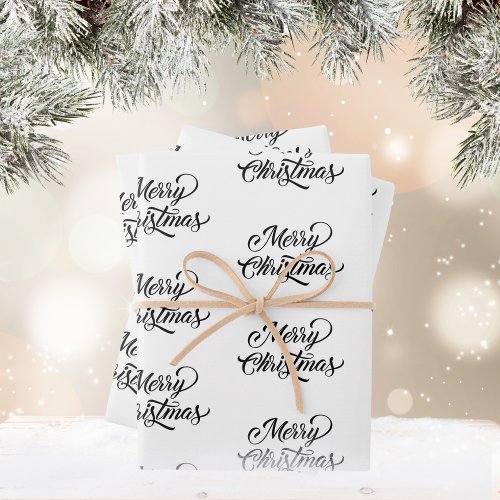 Merry Christmas Black And White Cursive Wrapping Paper Sheets