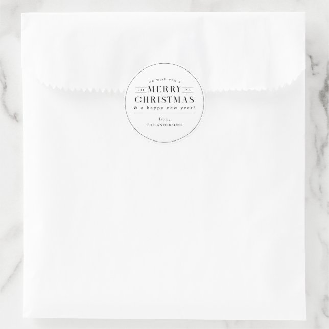 Merry Christmas Black and White Holiday Classic Round Sticker (Bag)