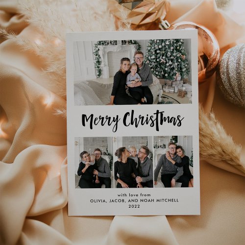 Merry Christmas  Black and White Multi Photo Grid Holiday Card